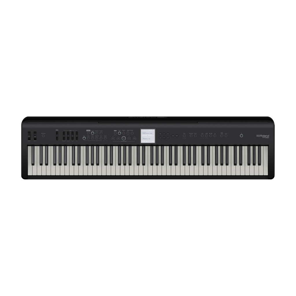 Black Roland FP-E50 entertainment piano with stage and performance keyboard features, compact design, and digital controls.