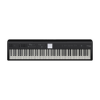 Black Roland FP-E50 entertainment piano with stage and performance keyboard features, compact design, and digital controls.
