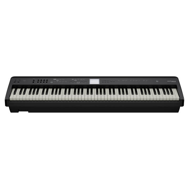 Black Roland FP-E50 entertainment piano with keyboard keys and control panel, ideal for stage and performance use.