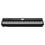 Black Roland FP-E50 entertainment piano with keyboard keys and control panel, ideal for stage and performance use.