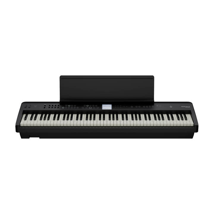 Black Roland FP-E50 entertainment piano with stage and performance keyboard features, displayed on a stand with sheet music.