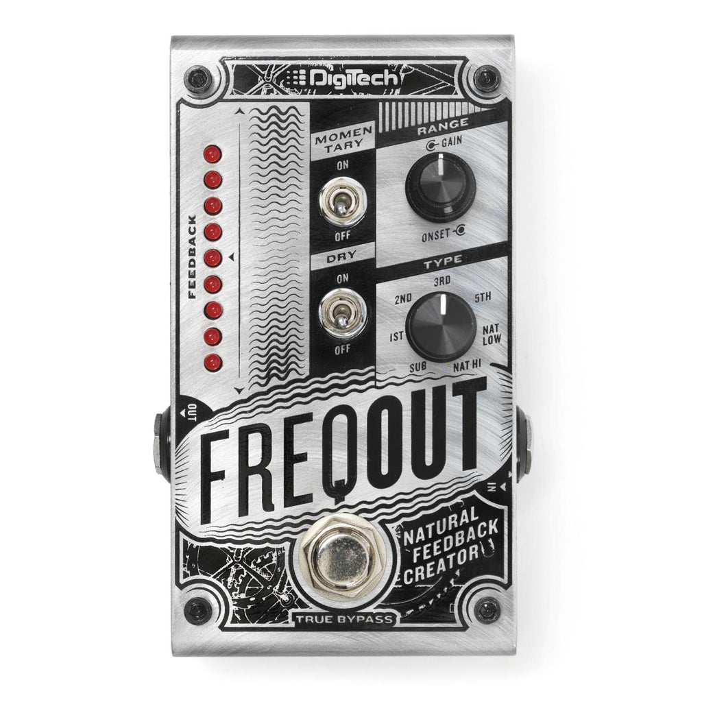 DigiTech FreqOUT Natural Feedback Creator effects pedal with controls, black metal casing, and input/output jacks visible.