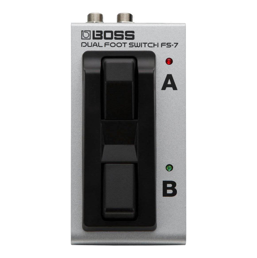 BOSS FS-7 Dual Footswitch for effects pedals, showing two sturdy footswitches on a black base in a close-up image.