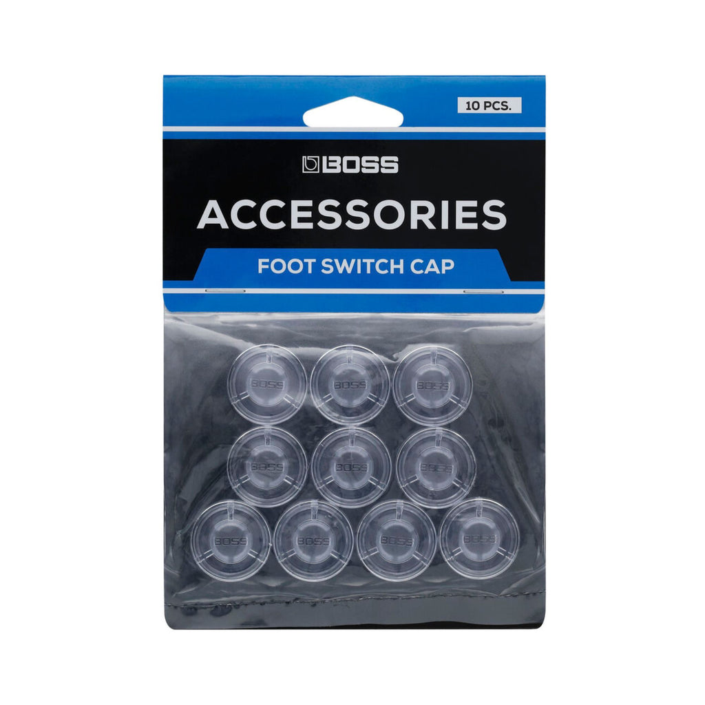 Set of 10 BOSS FSC10 footswitch caps for effects pedals, showing close-up of black caps with textured surfaces.