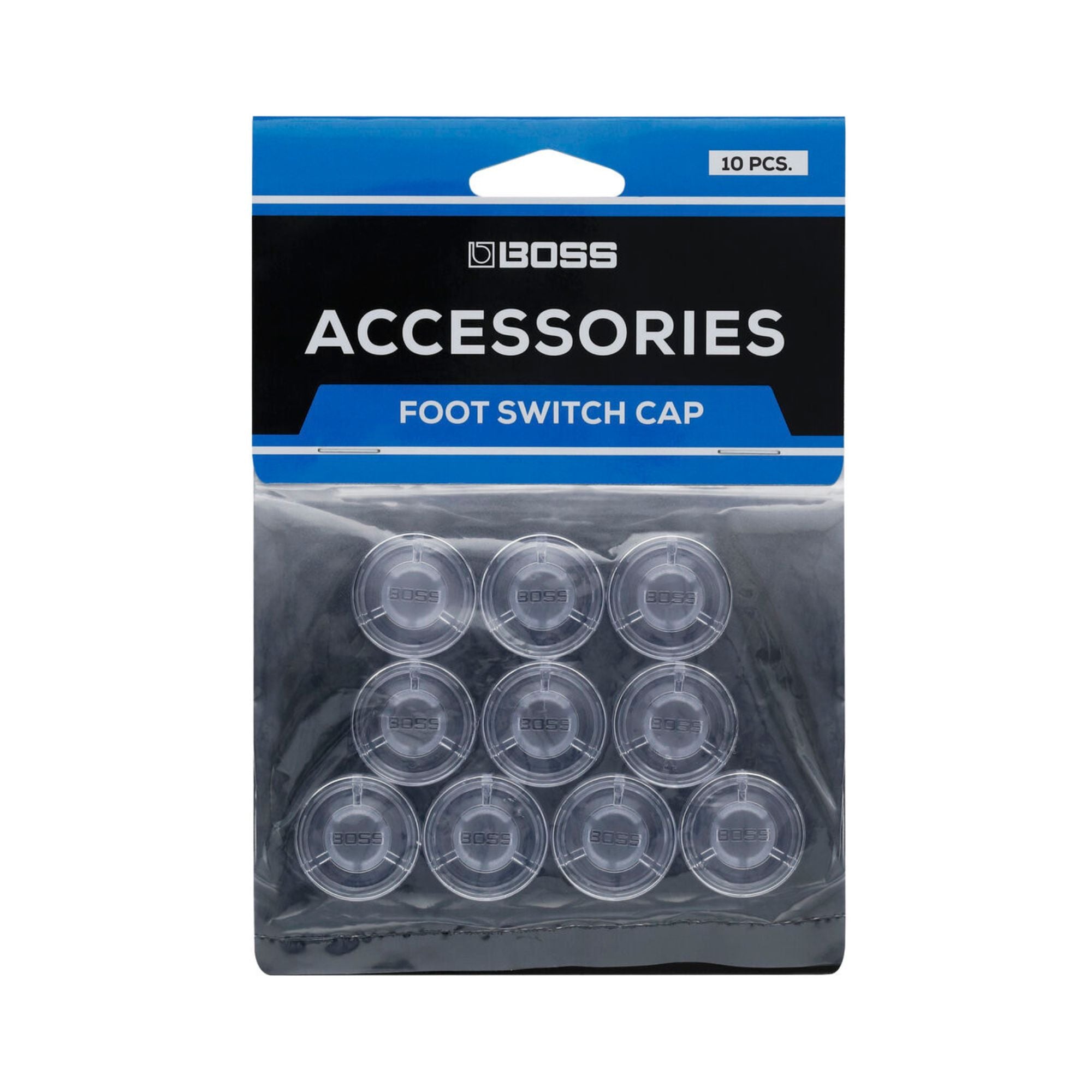Set of 10 BOSS FSC10 footswitch caps for effects pedals, showing close-up of black caps with textured surfaces.