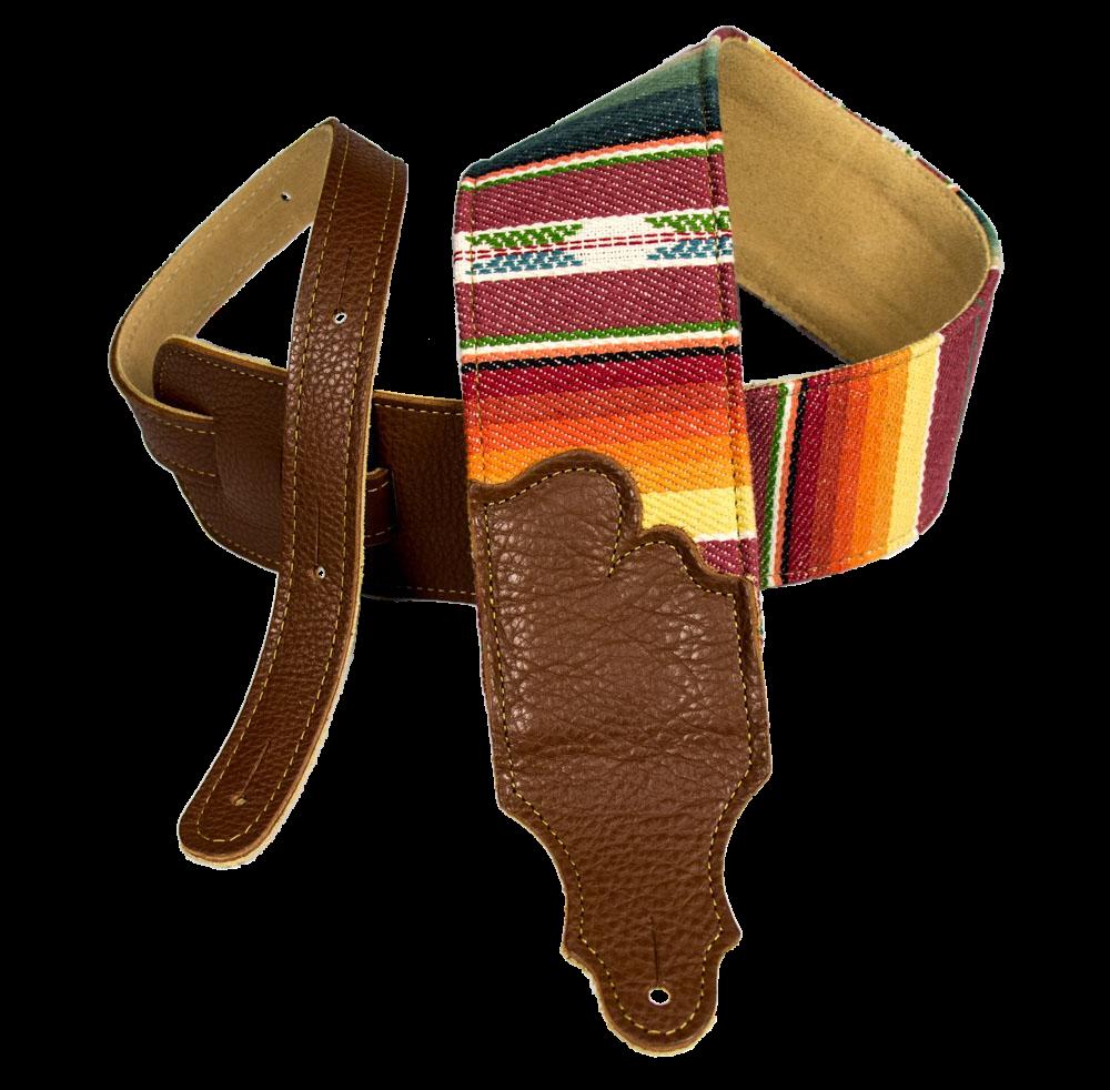 Franklin 3-inch saddle blanket guitar strap with caramel leather end tab, adjustable and padded for comfortable playing.