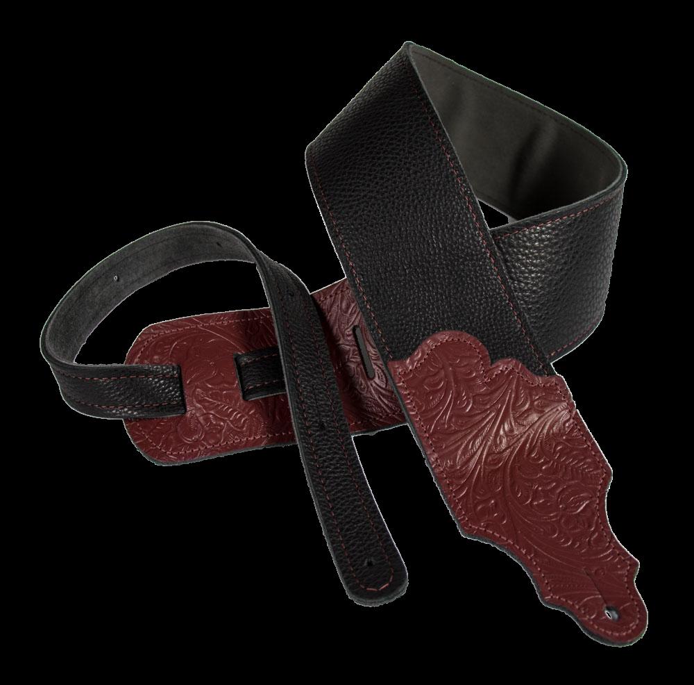 Franklin 3 Inch Black Leather with Red Tooled End Tab Guitar Strap