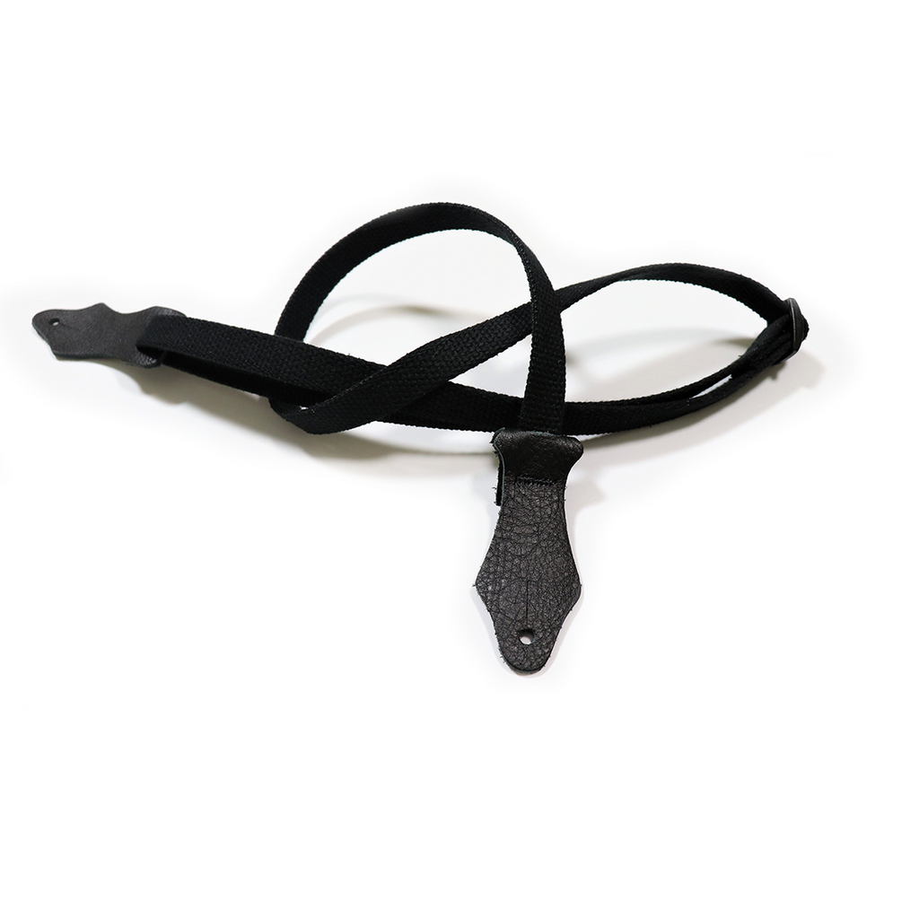Black cotton ukulele strap with leather ends from Franklin Straps, featuring adjustable length and comfortable fit.
