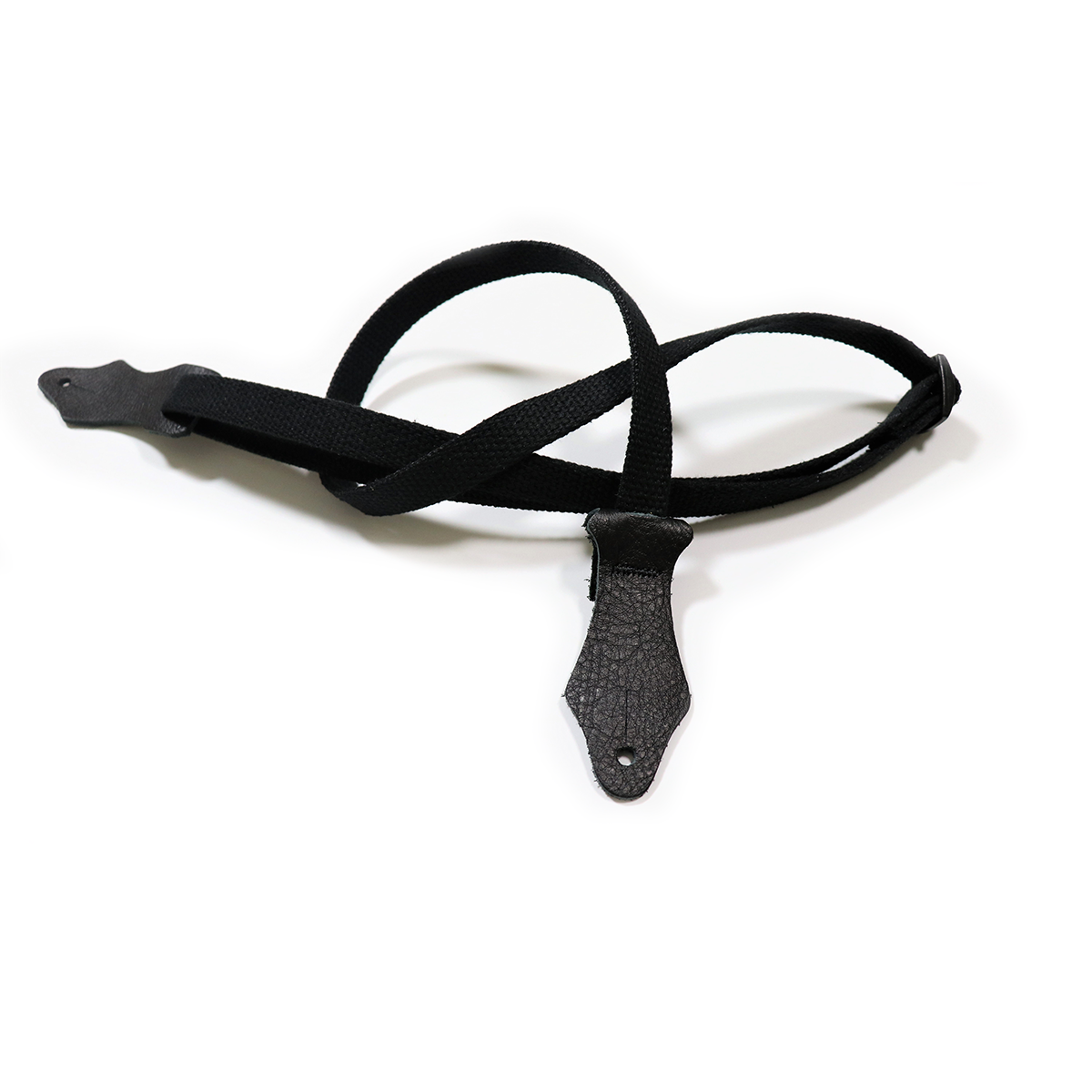 Black cotton ukulele strap with leather ends from Franklin Straps, featuring adjustable length and comfortable fit.