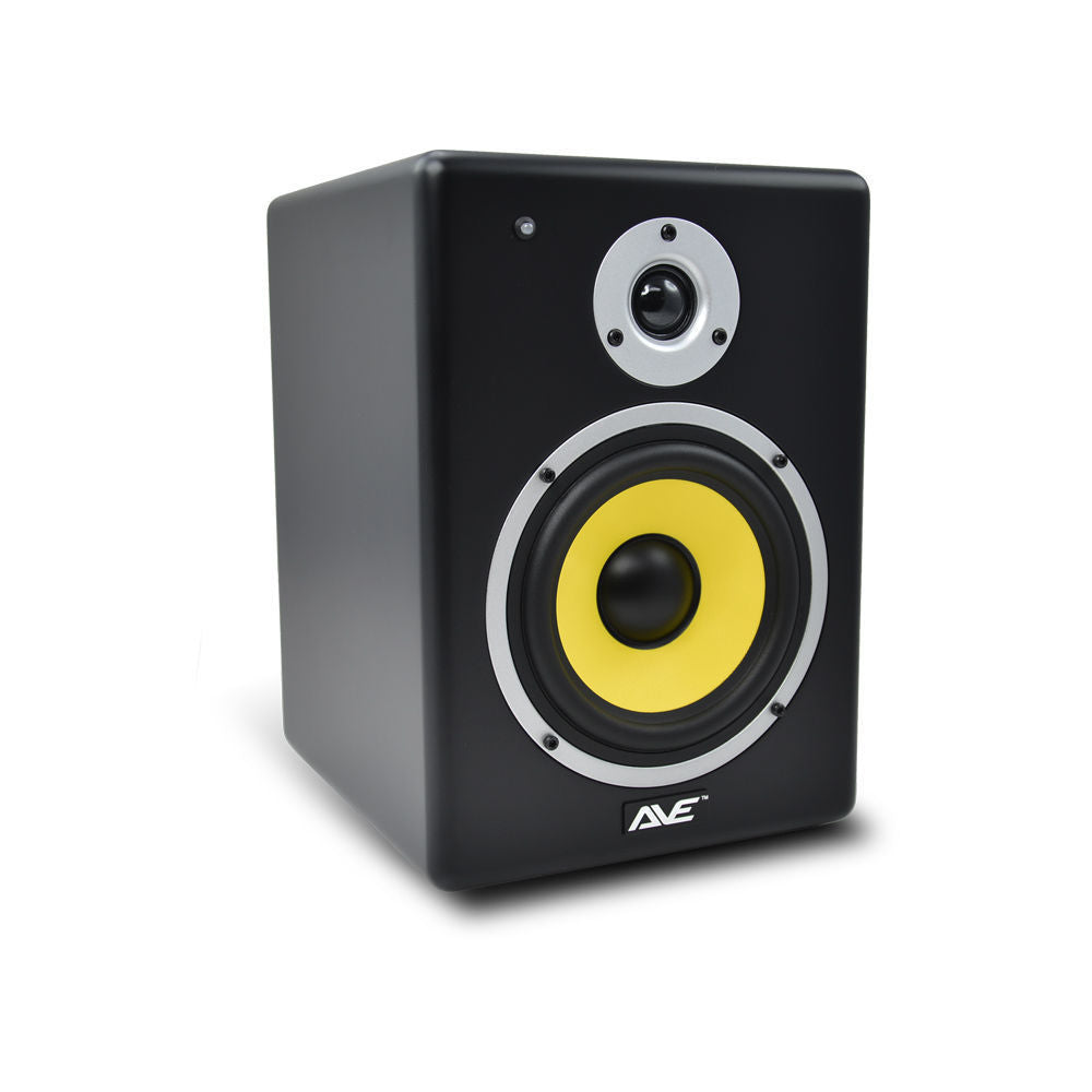 AVE Fusion 8 studio monitor speaker in black, showing the 8-inch driver and sleek design for professional audio production.