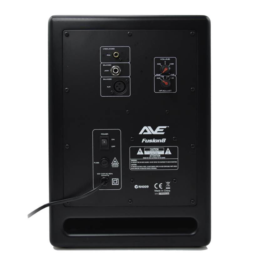 AVE Fusion 8 studio monitor speaker in black, showing the 8-inch driver and sleek design for professional audio monitoring.