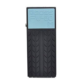 BOSS FV-50H volume pedal for effects, showing the compact black pedal with control knob and input/output jacks.