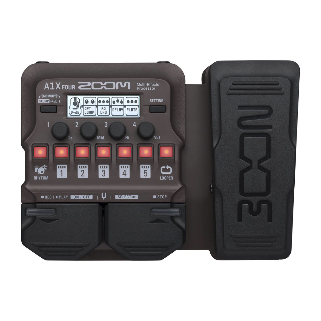 Zoom A1X Four Acoustic Multi FX pedal with multiple effect controls and colorful interface, designed for versatile acoustic guitar effects.