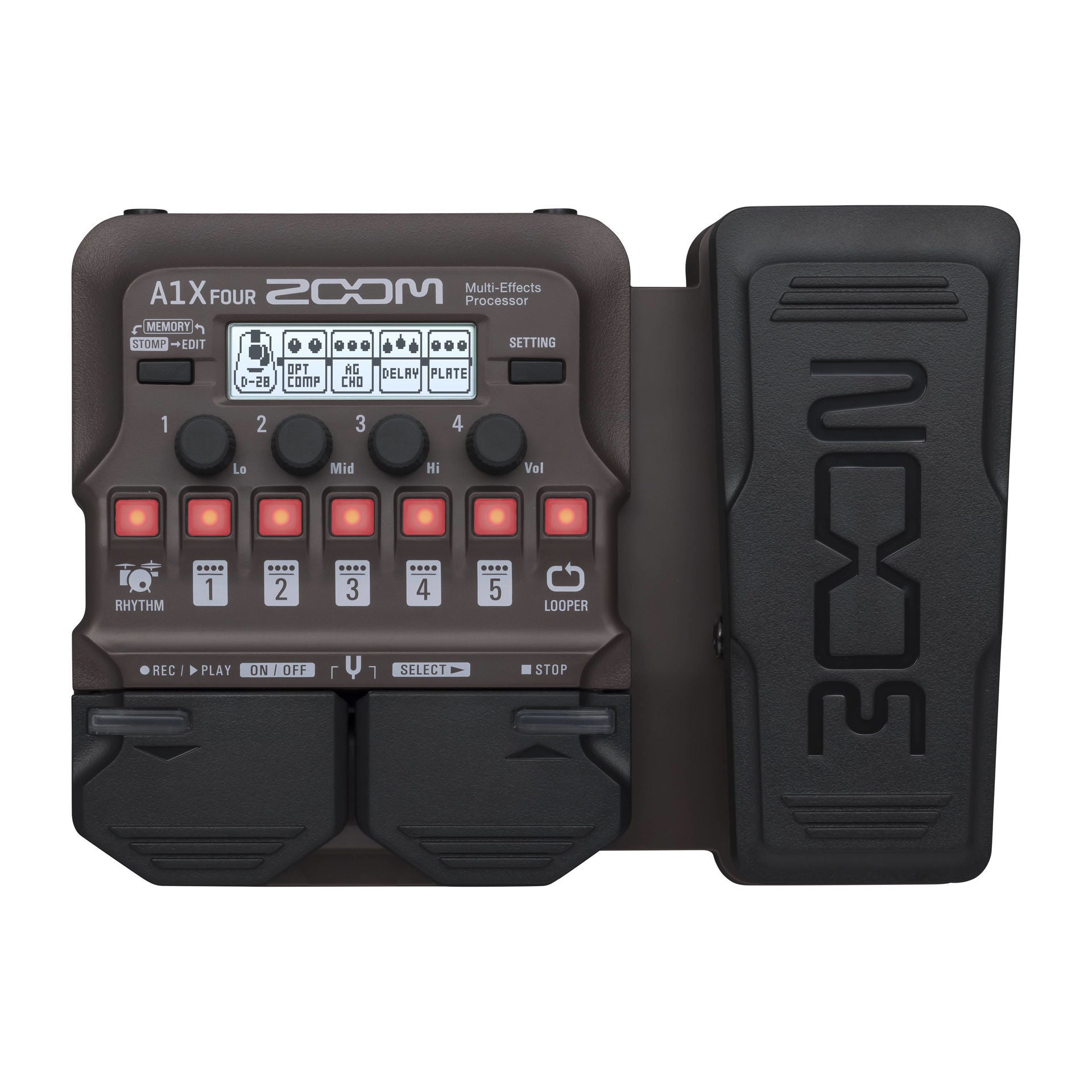 Zoom A1X Four Acoustic Multi FX pedal with multiple effect controls and colorful interface, designed for versatile acoustic guitar effects.