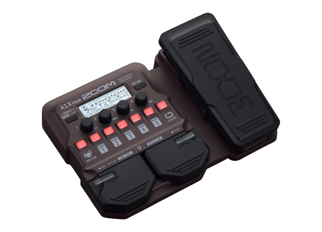 Zoom A1X Four Acoustic Multi FX pedal with multiple effects and colorful interface displayed on the device.