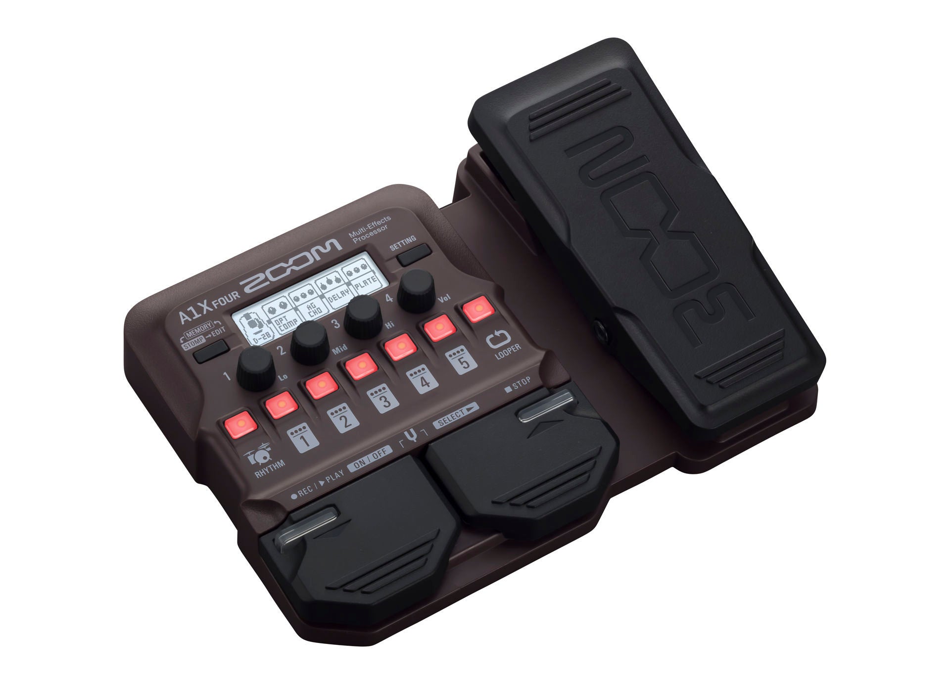 Zoom A1X Four Acoustic Multi FX pedal with multiple effects and colorful interface displayed on the device.