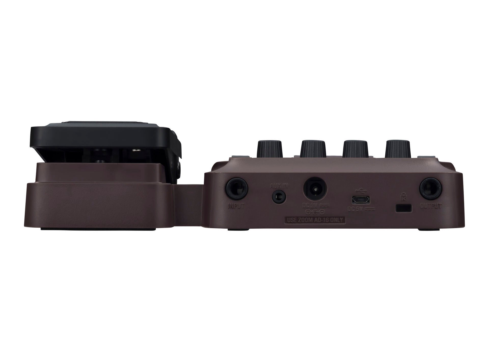 Zoom A1X Four Acoustic Multi FX pedal with various effect knobs and input/output jacks, designed for acoustic guitar effects.