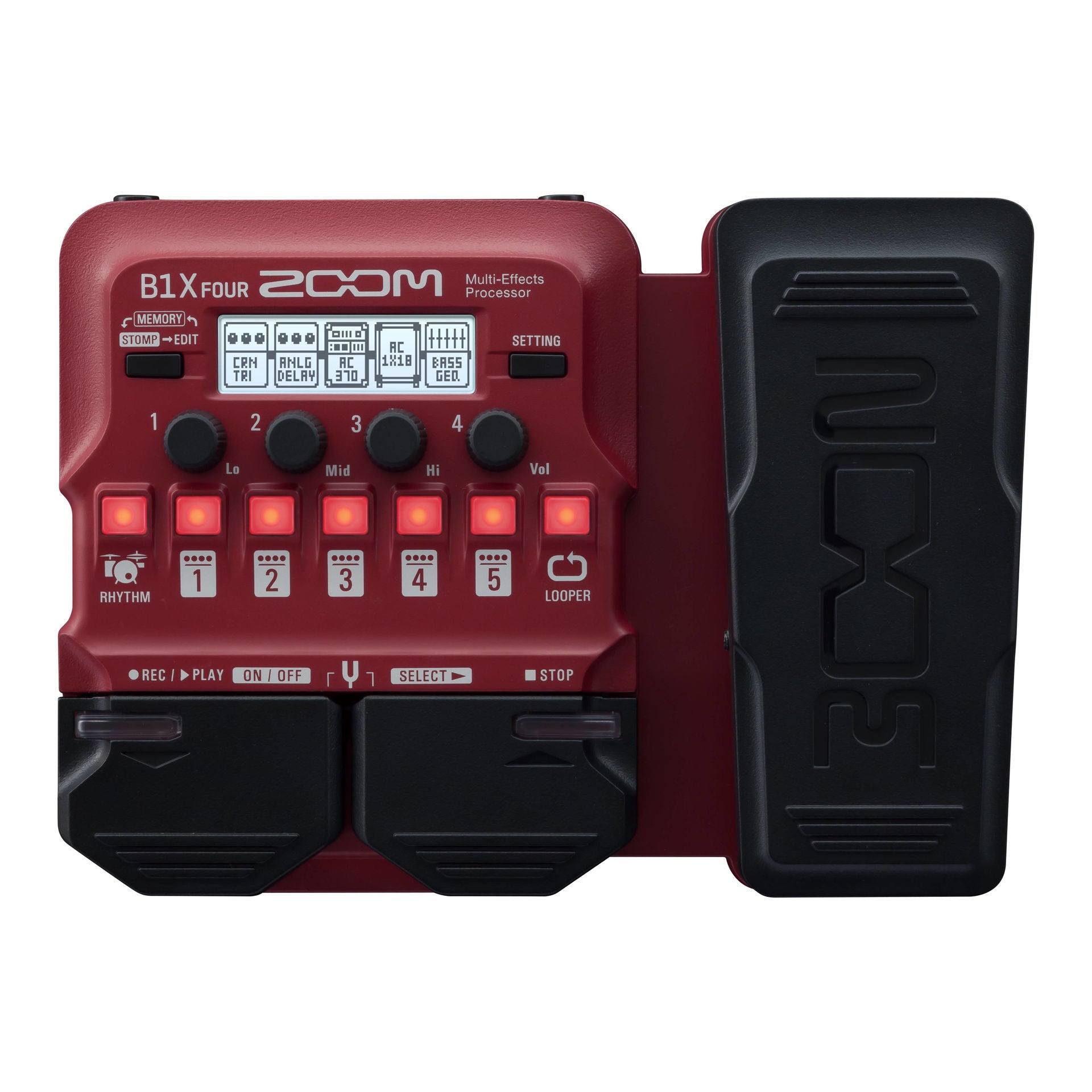 Zoom B1X Four bass amp modeler and multi-effects pedal showing its front panel with control knobs and input/output jacks.