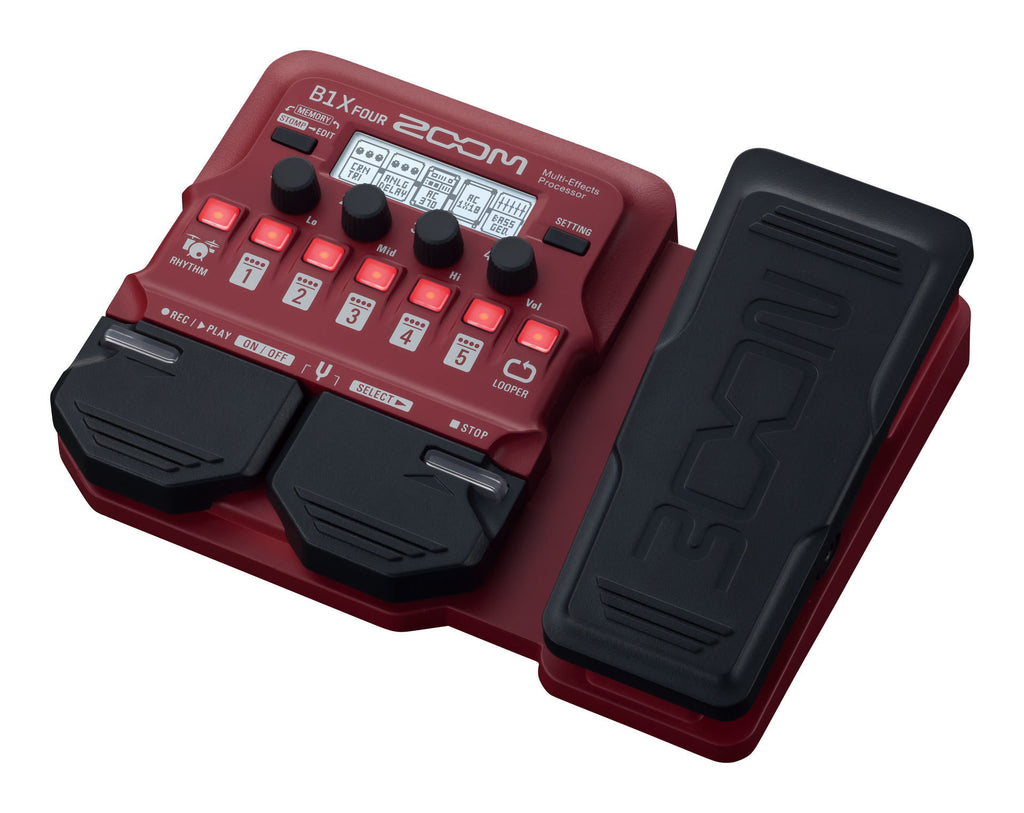 Zoom B1X Four bass amp modeler and multi-effects pedal with various control knobs and input/output jacks visible in the image.