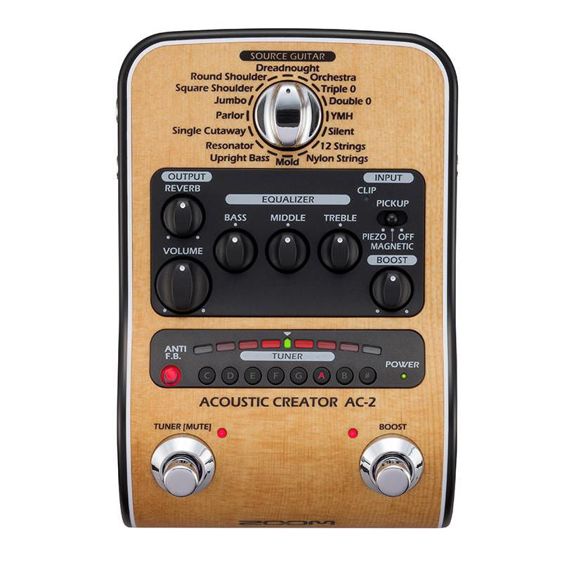 Zoom AC-2 Acoustic Effects & Amp Simulator effects pedal with control knobs and input/output jacks for guitar sound enhancement.