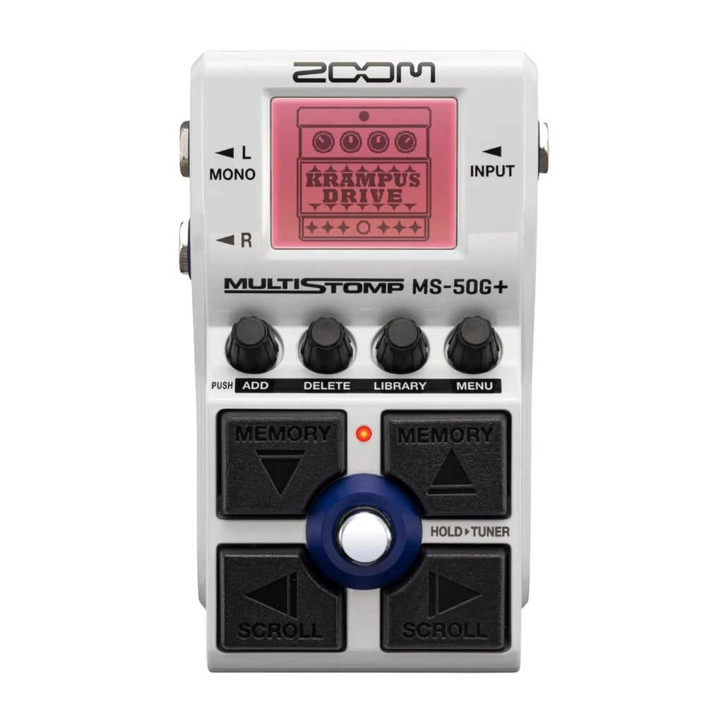 Zoom MS-50G Plus multi-effects pedal for guitar, showing various knobs and input/output jacks on a compact effect pedal.
