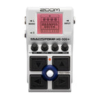 Zoom MS-50G Plus multi-effects pedal for guitar, showing various knobs and input/output jacks on a compact effect pedal.