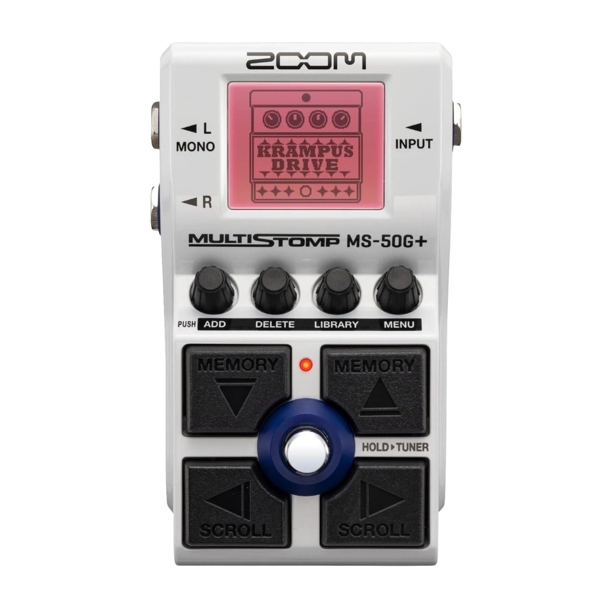 Zoom MS-50G Plus multi-effects pedal for guitar, showing various knobs and input/output jacks on a compact effect pedal.