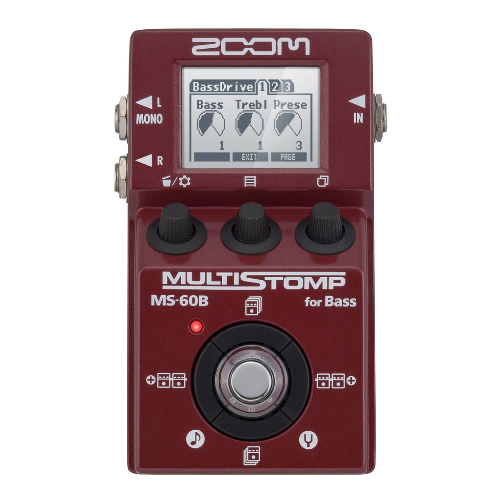 Zoom MS-60B Multistomp bass effects pedal with multiple effect options, compact design, and colorful interface for bass guitar processing.