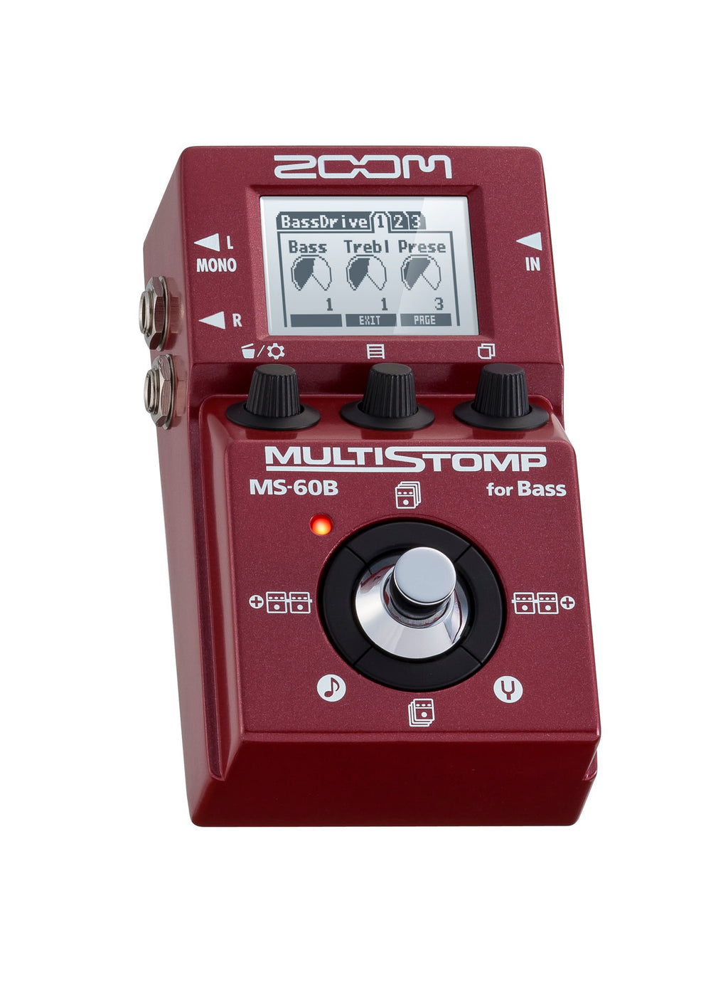 Zoom MS-60B Multistomp bass effects pedal showing multiple control knobs and colorful LED indicators for bass effects.