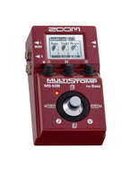 Zoom MS-60B Multistomp bass effects pedal showing multiple control knobs and colorful LED indicators for bass effects.