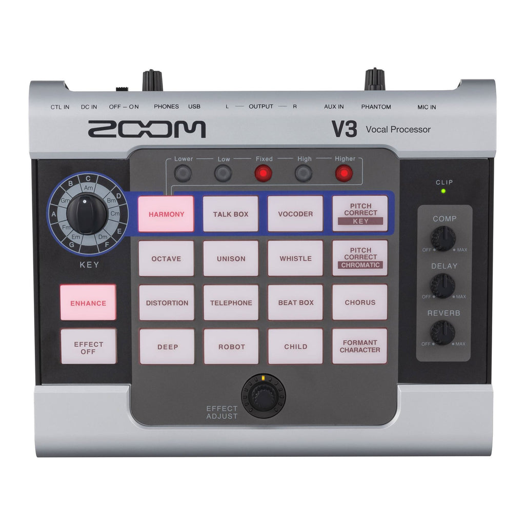 Zoom V3 Vocal Processor multi-effect pedal featuring a sleek design and user-friendly interface for vocal enhancement.