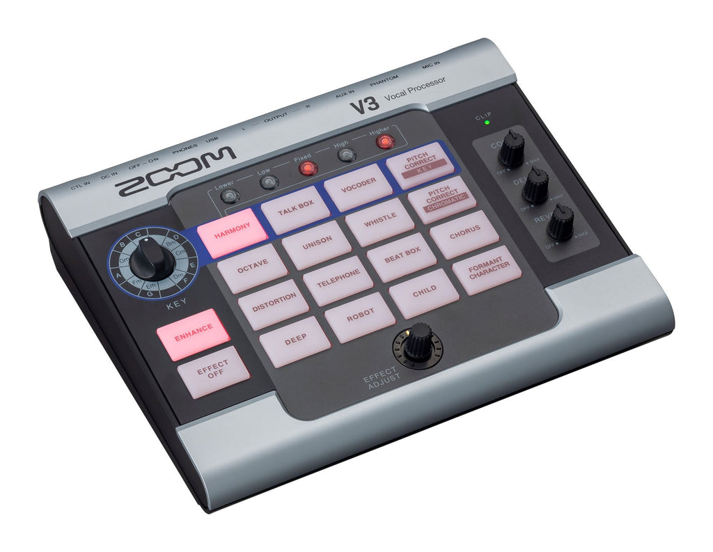 Zoom V3 Vocal Processor multi-effect pedal with various control knobs and inputs visible on a sleek design.