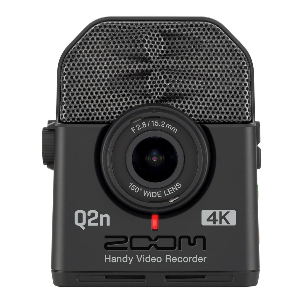 Zoom Q2n-4K Handy Video Recorder in black with built-in microphone and compact design for high-quality audio and video recording.
