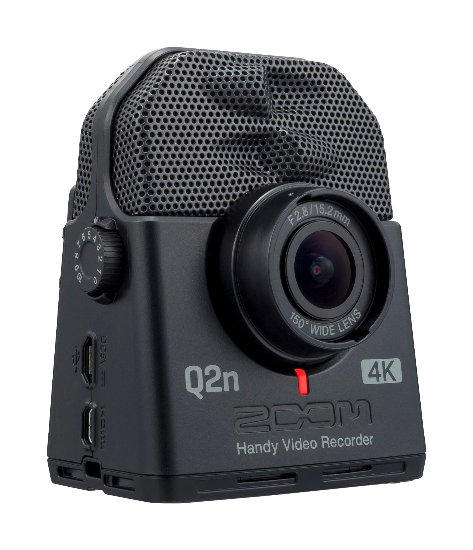 Zoom Q2n-4K handy digital recorder with compact design, multiple control buttons, and built-in microphone for high-quality audio and video.