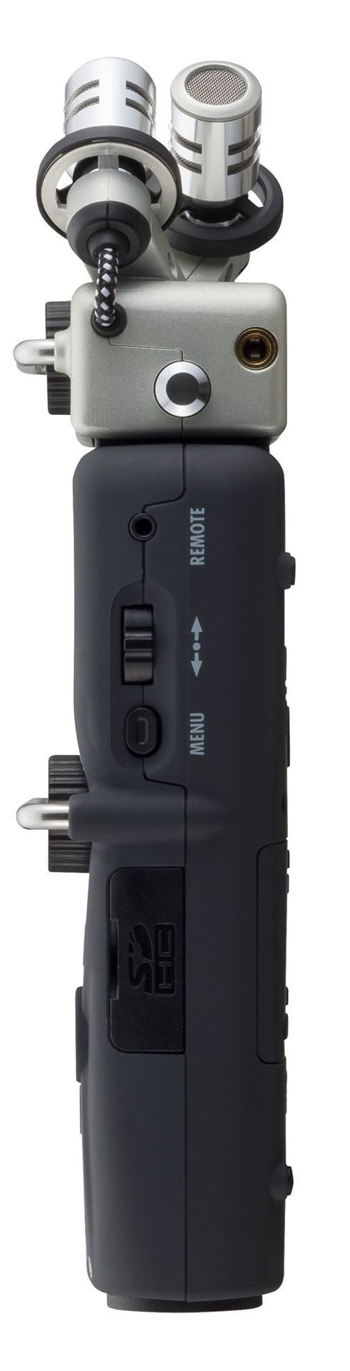 Zoom H5 Handy Recorder digital recorder with multiple input ports and compact design, shown with attached microphones.