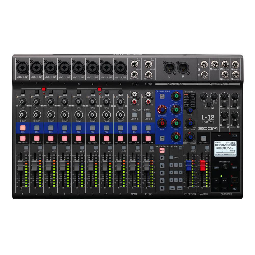 Zoom Livetrak L-12 digital recorder with multiple input channels, knobs, and display screen for professional audio recording.