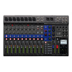 Zoom Livetrak L-12 digital recorder with multiple input channels, knobs, and display screen for professional audio recording.
