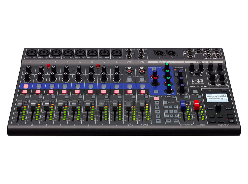 Zoom Livetrak L-12 digital recorder with multiple input channels, control knobs, and display screen showing on the device.