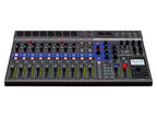 Zoom Livetrak L-12 digital recorder with multiple input channels, control knobs, and display screen showing on the device.