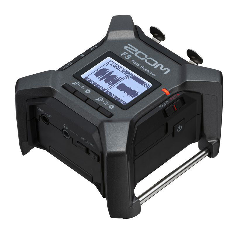 Zoom F3 32-bit digital field recorder with multiple input options and compact design, ideal for professional audio recording.