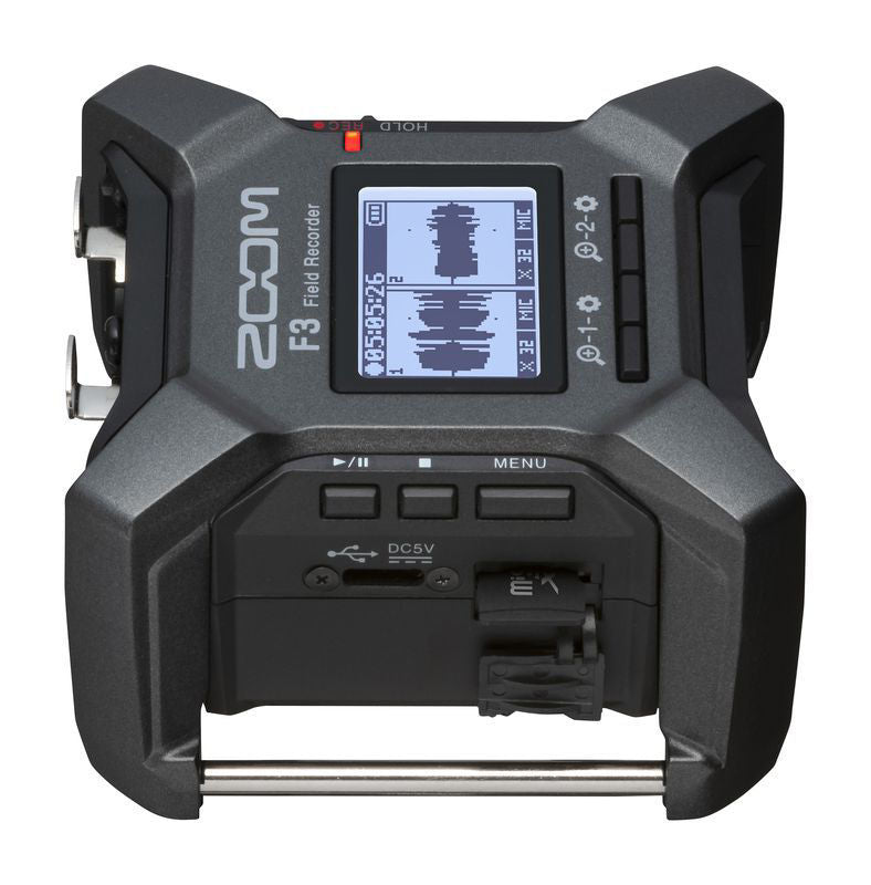 Zoom F3 32-bit field recorder with multiple input options and compact design, ideal for professional audio recording.