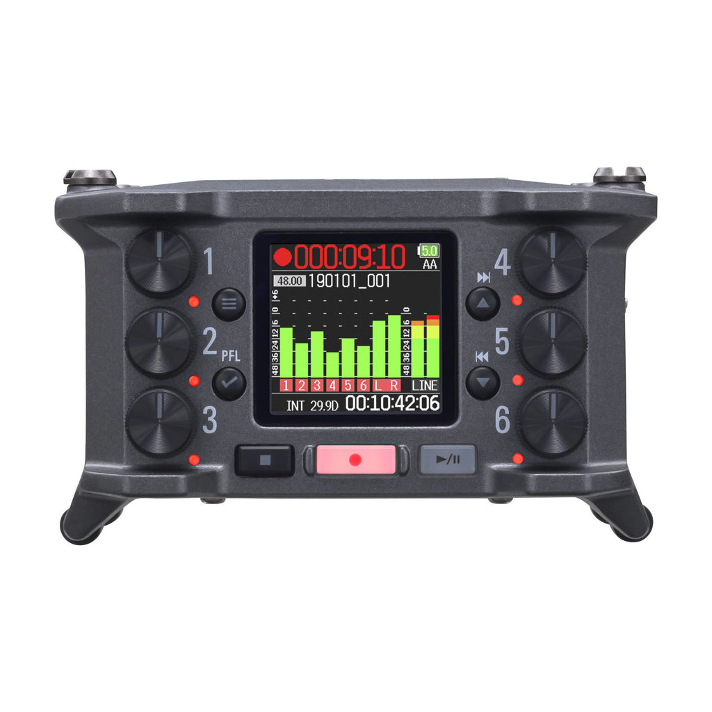 Zoom F6 digital field recorder with multiple input options and professional audio controls, shown on a plain background.