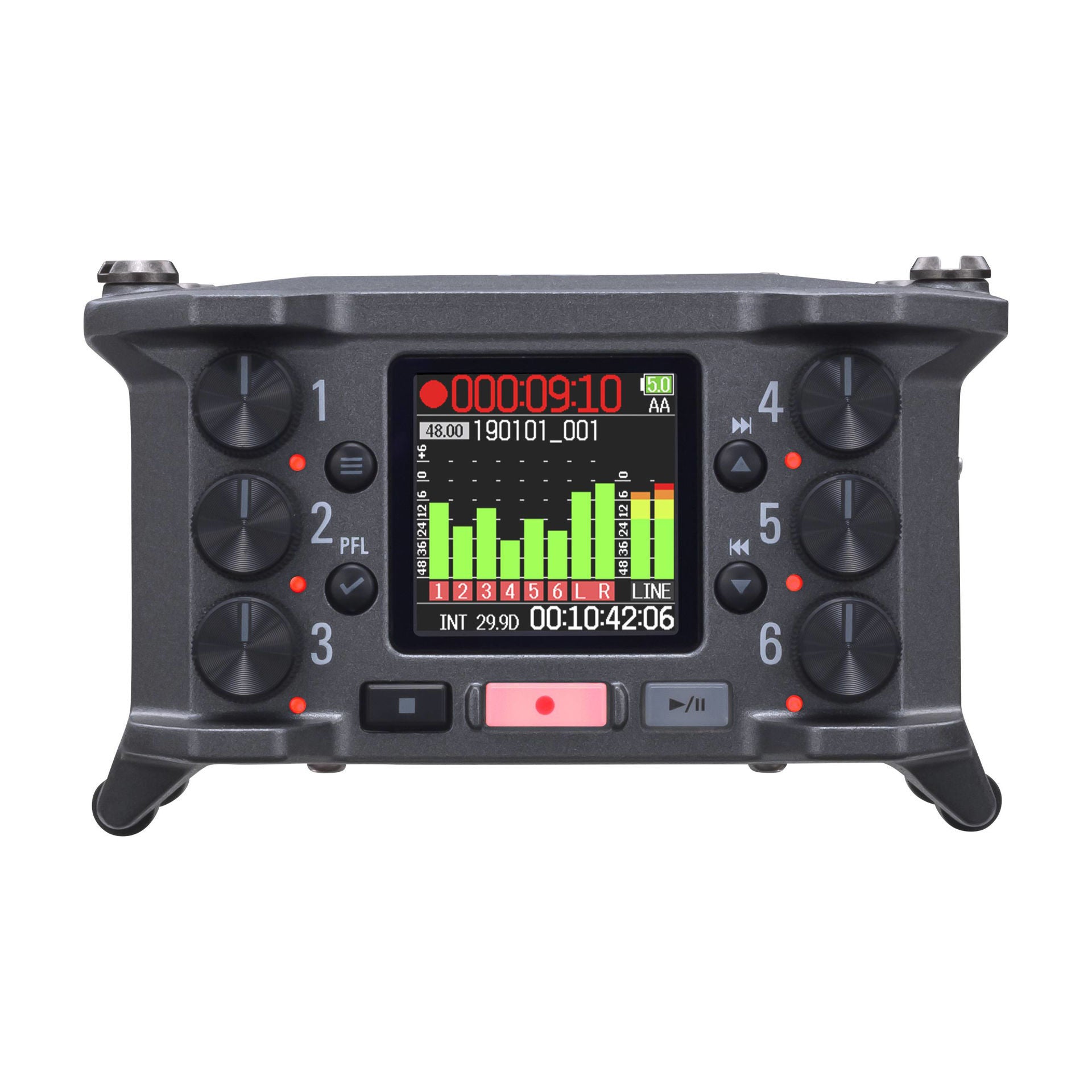 Zoom F6 digital field recorder with multiple input options and professional audio controls, shown on a plain background.