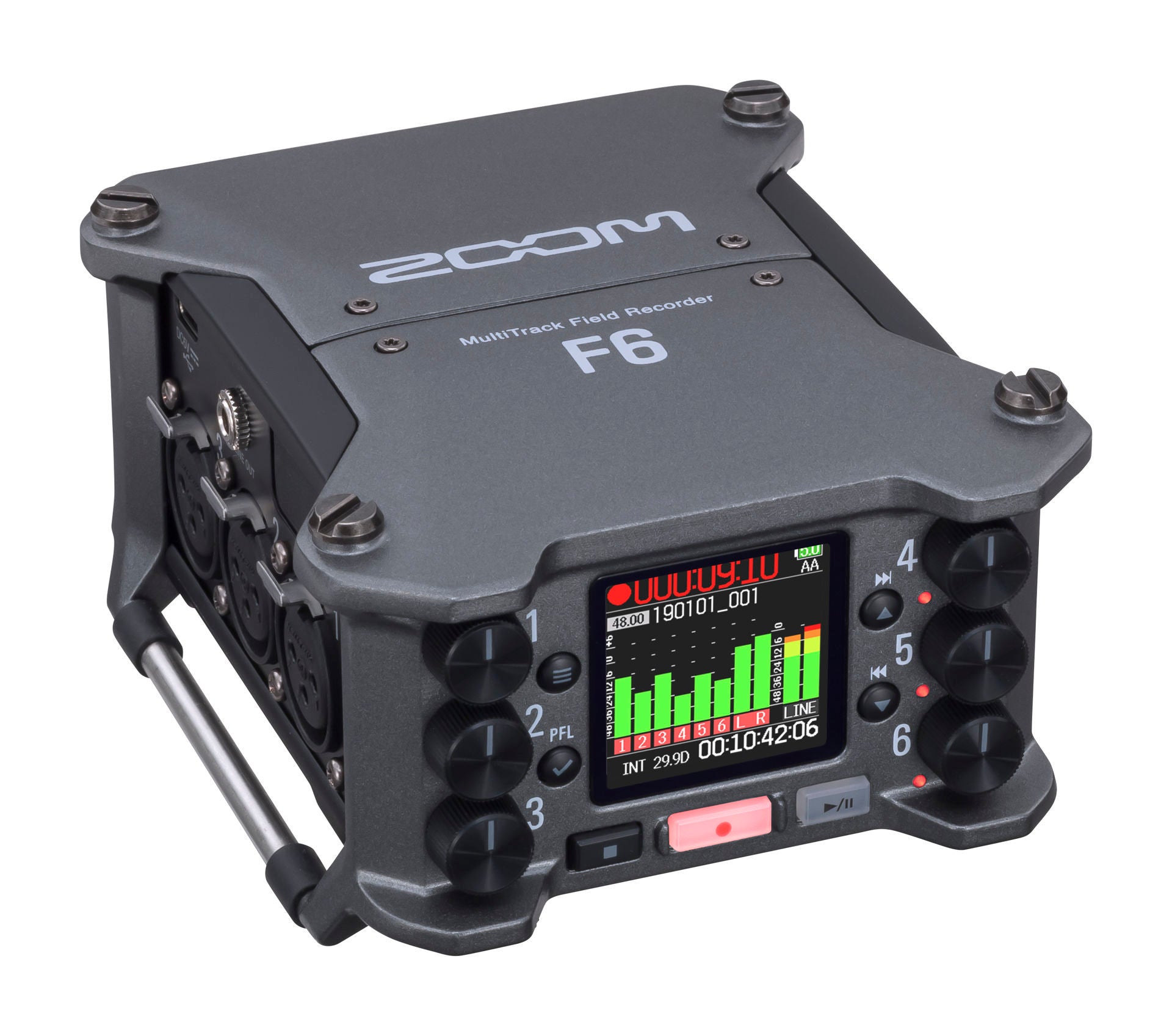 Zoom F6 digital field recorder with multiple input jacks and control knobs, designed for professional audio recording in outdoor settings.