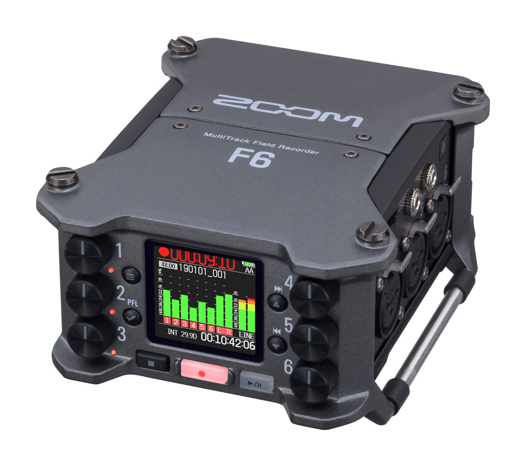 Zoom F6 digital field recorder with multiple input options and professional audio controls, shown in a close-up view.