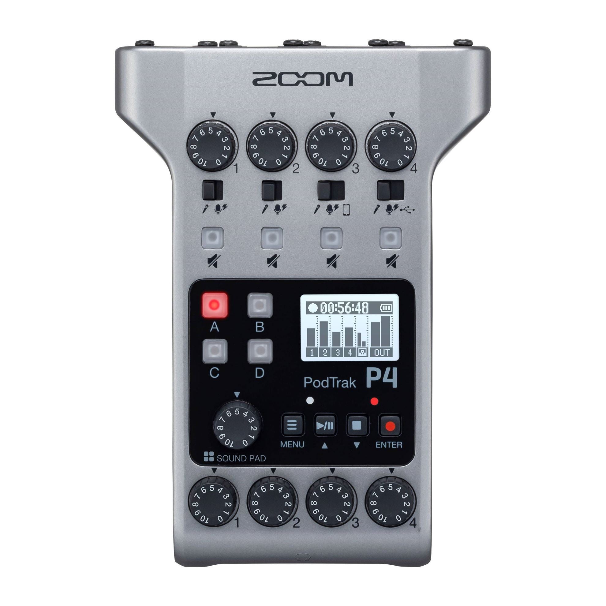 Zoom PodTrak P4 portable multitrack podcast recorder with built-in microphones and controls, ideal for on-the-go audio recording.