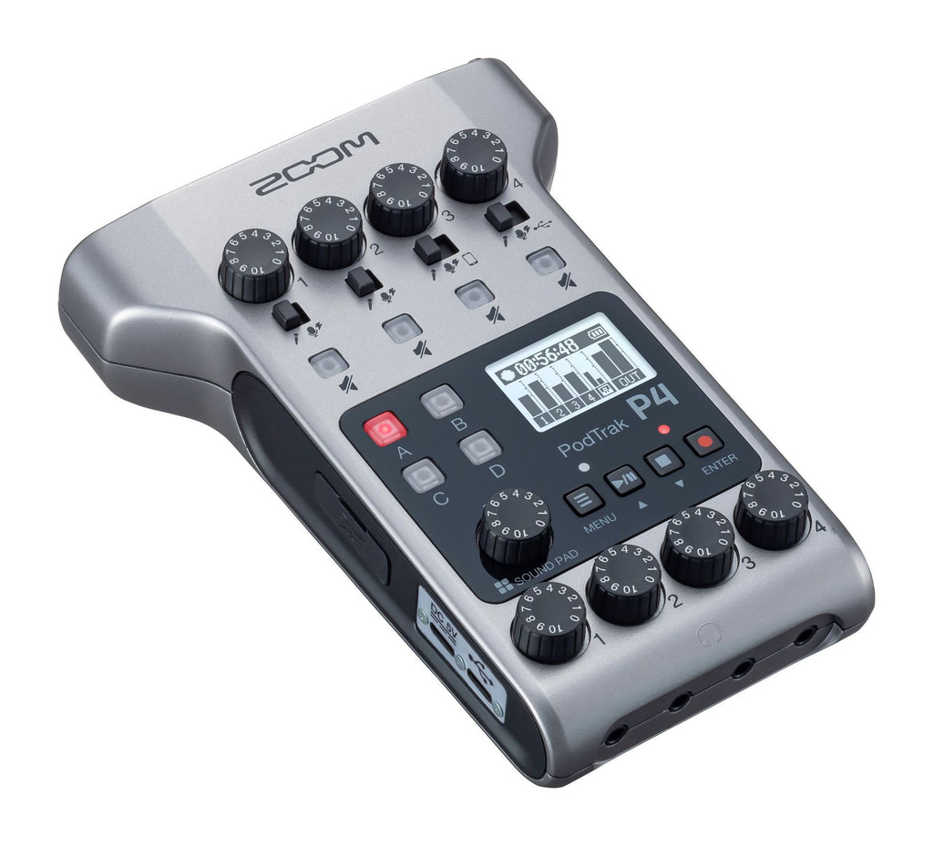 Zoom PodTrak P4 portable multitrack podcast recorder with multiple input options and compact design, ideal for on-the-go recording.