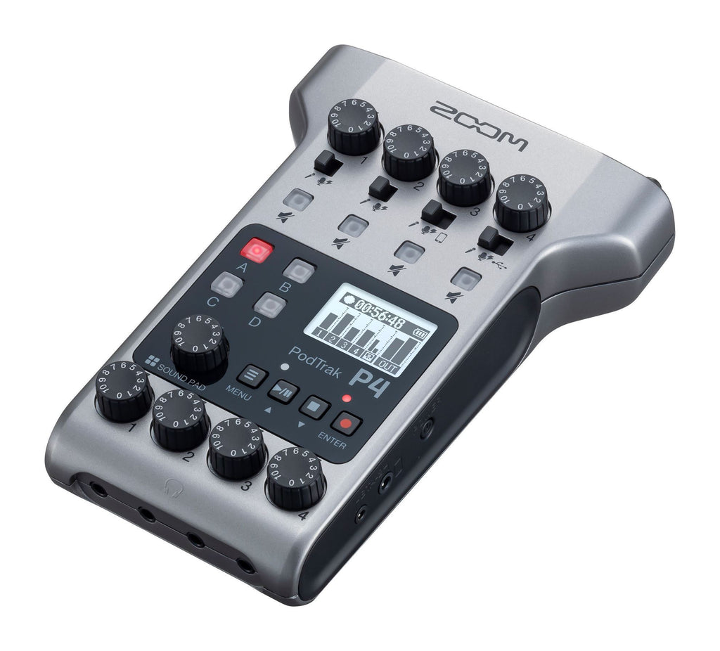 Zoom PodTrak P4 portable multitrack podcast recorder, compact digital recorder with multiple input options and built-in microphones.
