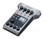 Zoom PodTrak P4 portable multitrack podcast recorder, compact digital recorder with multiple input options and built-in microphones.