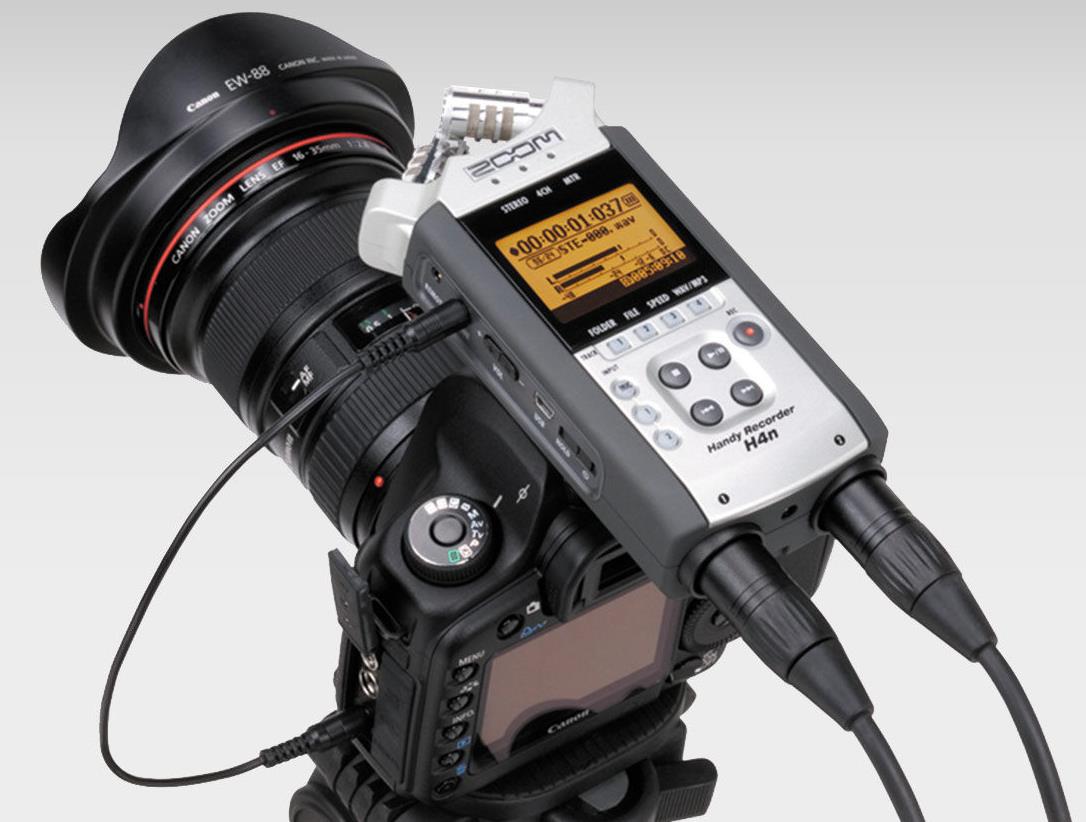 Zoom HS-1 hotshoe mount for digital recorder accessories, shown attached to a camera's hotshoe with connection ports visible